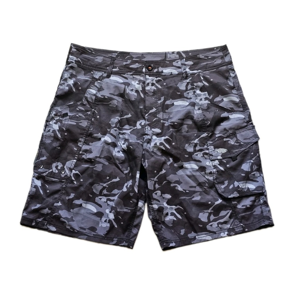 AFTCO  Aftech Men 38 Gray Camo Cargo Fishing Shorts American Tackle Co Quick Dry